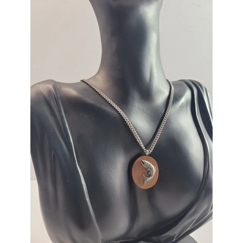 Wooden Tone Silver Tone Fish Pendant Necklace Trout Fishing Outdoors Sportsman